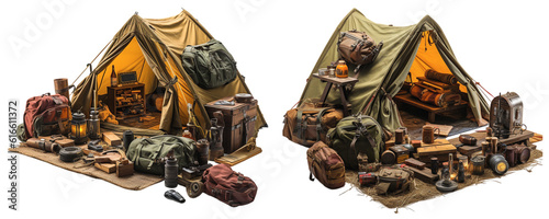 tents with all the necessities for a survival trip or scouts trek on a transparent background, Generative AI