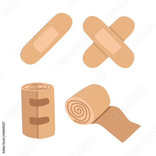 Medical sticking plaster clipart cartoon style. First aid elements sticking plaster for blister patch flat vector illustration hand drawn doodle. Beige adhesive bandage. Hospital, medical concept