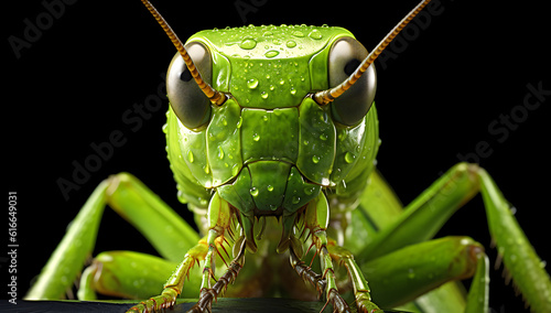 closeup of green grasshopper head isolated on black background