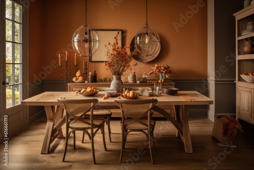 dining room with rustic table settings and chairs, surrounded by warm colors, created with generative ai