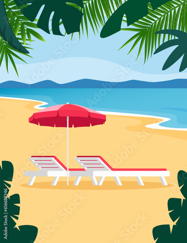 Beach umbrella and Sun lounger. Sunbed with parasol at sand beach. Summer tropical resort with private chaise-longues at seacoast. Empty sun bed at seaside. Vector illustration.