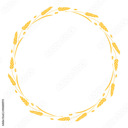 Round frame made of golden wheat or rye ears. Vector autumn wreath, border hand drawn in flat style, isolated on white background