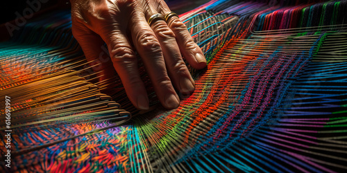 Captivating close-up of a man's hands weaving vibrant tapestry, interlacing threads for expressive artwork representing life's intricate connections. Generative AI