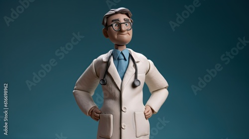 Doctor in plasticine style. Toy man in white coat. Medicine and science. Miniature funny hospital worker created with Generative AI Technology