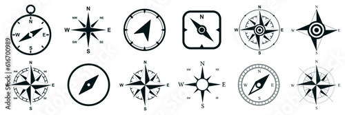 Compass set icons, navigation equipment sign, flat nautical chart wind rose icon, north, east, south, west, compass symbol collection, geographical position – for stock