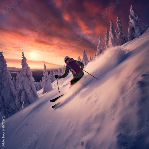 Skiing through snowy slopes in a sunset