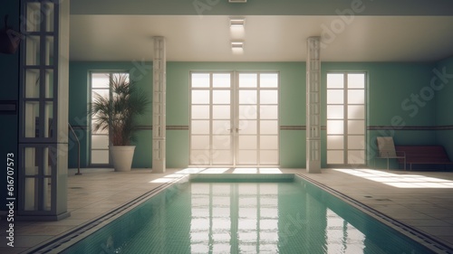 Indoor swimming pool in a luxury home. Green walls and white tile floors, glazed doors, columns, plants in outdoor pots, bright morning light from a large panoramic window. 3D rendering.