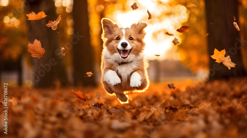 chien en train de courir au milieu des feuilles mortes à l'automne - IA générative