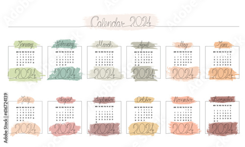 2024 year hand draw month calendar with brush strokes pastel colours. Vector stock illustration isolated on white background for beauty and spa print industry, photo album. Editable stroke. 