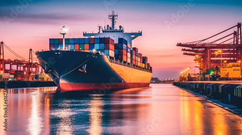 Industrial port with Logistics and transportation of International Container Cargo ship , commercial dock, harbor, cargo container , shipping , Created with Generative Ai Technology