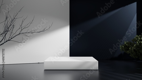 White empty podium or pedestal for product presentation. Square mockup platform on dark blue background. 3d rendering 
