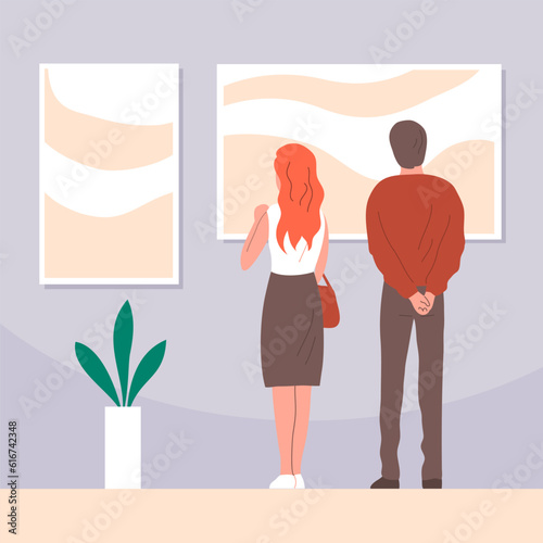 Art exhibition in the art museum. Gallery of contemporary art. A man and a woman are looking at a picture. Flat vector illustration
