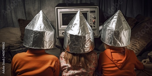 Rear view of paranoid family wearing tinfoil hats and watching tv, concept of Conspiracy theories, created with Generative AI technology