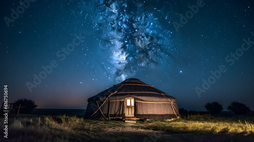 Yurt National old house of peoples of Kyrgyzstan and Asian countries. Ail camp night sky with stars. Generation AI