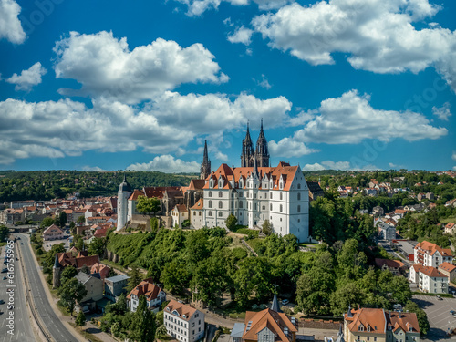 Aerial view of the hilltop Albrechtsburg in Meissen Saxony with restored Gothic palace and cathedral