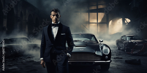 Mann im Smoking Anzug im Stil von James Bond und einem Auto und Nebel im Hintergrund, ai generativ