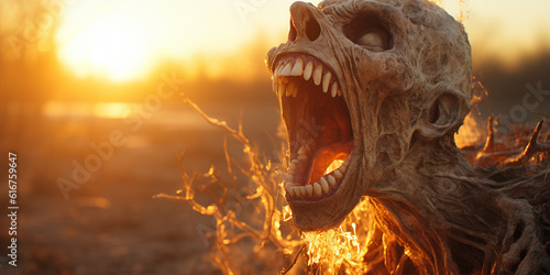 Grusel Monster Gesicht mit scharfen Zähnen als Zombie und leuchtenden Augen als Poster, ai generativ
