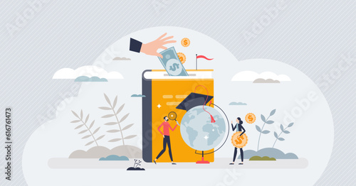 Investment in education and study tuition cost saving tiny person concept. University, academy, school or college scholarship as financial funding for knowledge or future learning vector illustration