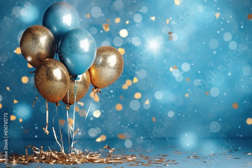 Holiday background with golden and blue metallic balloons, confetti and ribbons. Festive card for birthday party, anniversary, new year, christmas or other events. Created with generative Ai