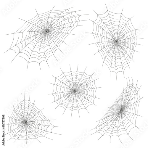 Set of black spider web for Halloween on white background. Black and white illustration of elements for decor for the celebration of Halloween. Spooky Halloween decoration element for your design. 