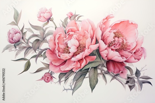 flower illustration, Pink peony on a white background. Watercolor style. Generative AI