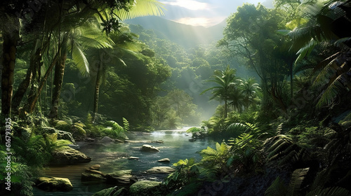an impressive epic realistic jungle wallpaper with a small river, ai generated image