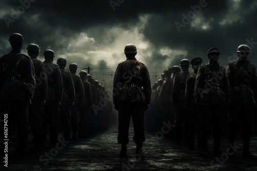 Image of soldiers they are standing in line. Generative AI