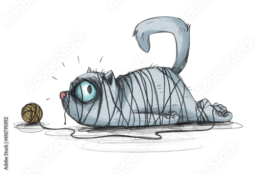 Bleistiftzeichnung einer niedlichen Katze, die in ihrem Wollknäuel verstrickt, verheddert, gefesselt und gefangen am Boden liegt