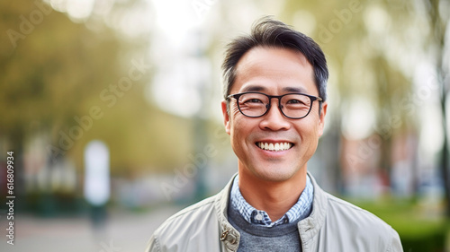 Senior Asian man smiling at the camera outdoors. Close-up portrait of a laughing handsome Asian man in the city. Middle aged man walking in a city. AI Generated