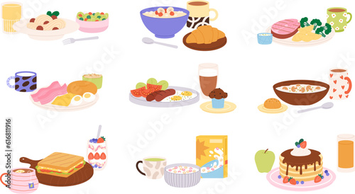 Isolated lunch breakfast meal. Croissant and bowl with porridge, appetizing food and drinks. Fruits in glass, healthy dinner racy vector clipart