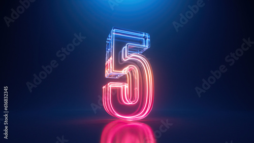 3d rendering. Neon number three. Glowing colorful line inside the glass symbol 3 shape. Top chart