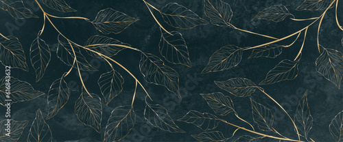 Luxury art background with watercolor texture with golden leaves on a branch in line style. Botanical abstract green wallpaper for banner design, textile, print, decor.