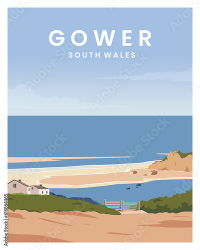 Beautiful landscape of the peninsula in Gower Wales. vector illustration suitable for background, card, postcard, travel poster, print.