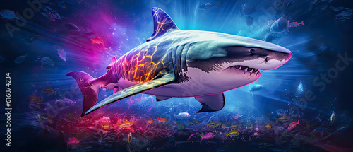 Illustration of a colorful neon great white shark cruising around an ocean reef looking for food. A top of the food chain predator.