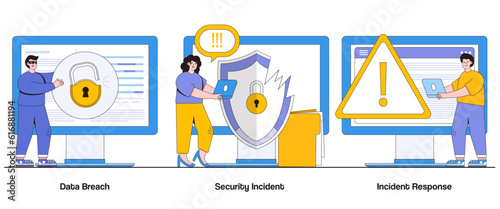 Data Breach, Security Incident, Incident Response Concept with Character. Cybersecurity Abstract Vector Illustration Set. Protocols Management Metaphor
