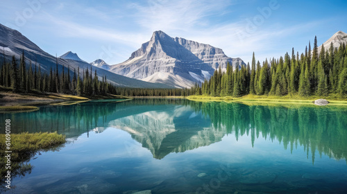 Calm lake with trees in forest and mountain peak in Alps