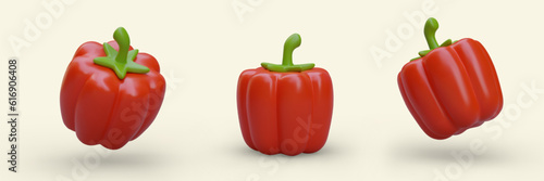 Set of 3D red bell peppers in cartoon style. Paprika with shadows on light background. Isolated vector image of sweet peppers. Realistic ripe capsicum from different sides