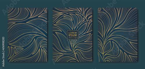 Vector japanese leaves art deco patterns. Floral golden elements template in vintage style. Luxury line covers, labels, frames, invitations, brochures, packaging, luxury products, perfume, soap, wine.