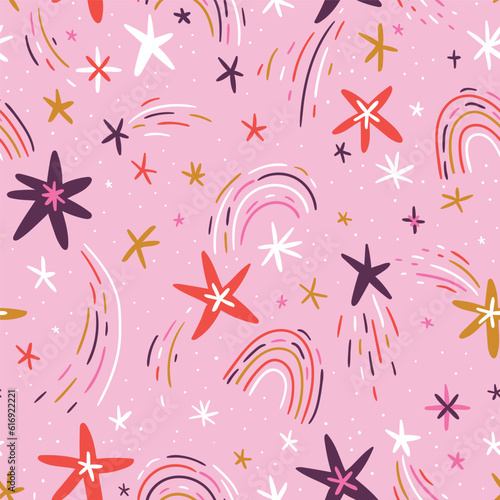 Cute hand-drawn seamless pattern with stars and rainbows on pink background. Vector repeated design for kids fabric. 