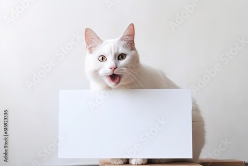 A cute white cat is holding a blank sign for advertising text on a white background.