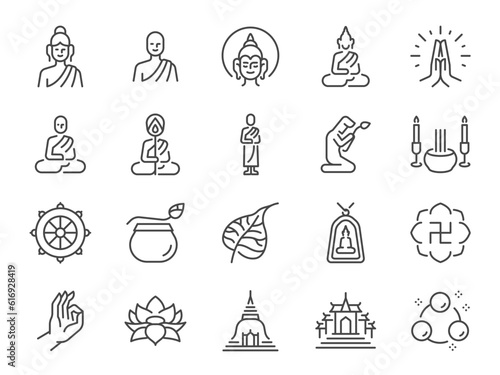 Buddhism icon set. It included monk, Buddha, Buddhist, temple, and more icons. Editable Vector Stroke. 