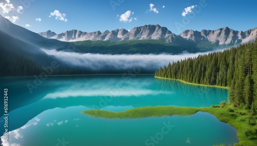 An Exquisitely Detailed View Of A Lake Surrounded By Mountains AI Generative