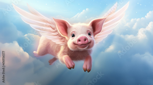 Pink flying pig with wings above clouds in the sky