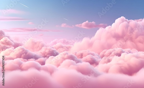 Pink clouds in the sky stage fluffy cotton candy dream fantasy soft background. Generative AI.