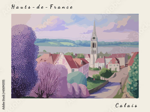 Calais: Retro tourism poster with a French landscape and the headline Calais / Hauts-de-France