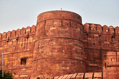 Walls of Agra red fort in India, view from main entrance Amar Singh Gate to beautiful ancient building, red fort in Agra built of red sandstone, Lal Qila historical ancient building