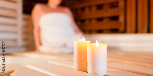 Candle with body therapy massage in the background. Health and body wellness concept. Skin relaxation and treatment. Sauna and regeneration. Healing salt lamp. Ai generative.