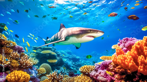 big shark in ocean waters, underwater colorful world with predator, made with Generative AI