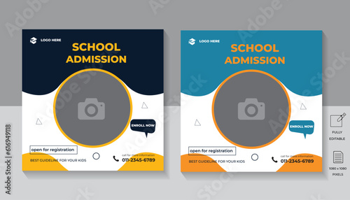 Modern School education admission web banner template and social media post. Back to school promotion banner 