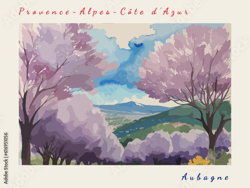Aubagne: Postcard design with a scene in France and the city name Aubagne